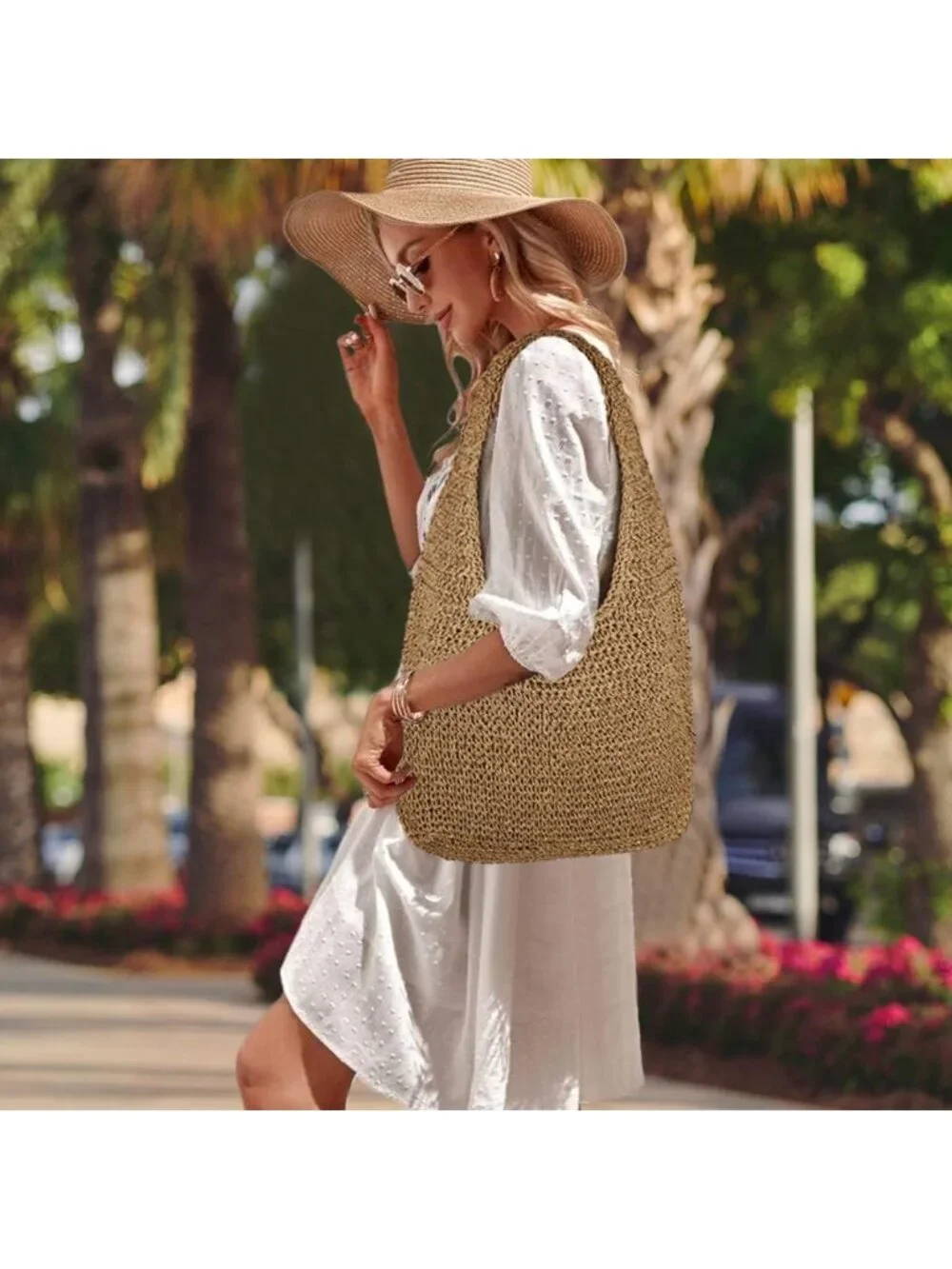 Women's Khaki Large Straw Beach Bag Handmade Woven Shoulder Bags Hobo Tote - Picture 2 of 6